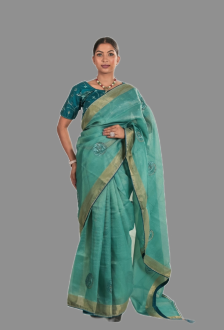 Teal Green Organza Saree with Embroidered Stitched Blouse | Premium Party & Festive Wear Saree
